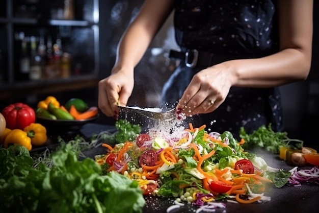 Cuoca donna che salta l'insalata di verdure in cucina cuoco che salta un'insalato di verdure sano