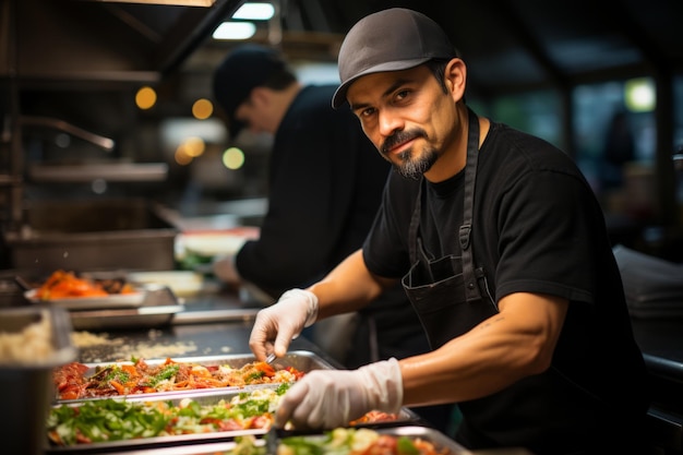 Cuoche di food truck che prepara delizioso cibo di strada con talento e competenza AI generativa