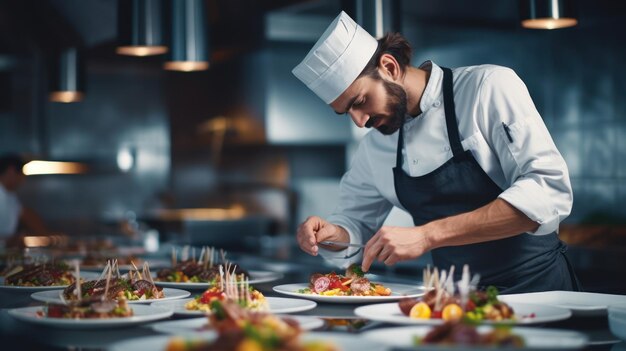 cuochi che mettono il cibo in piatti o preparano il cibo in una cucina professionale in un ristorante