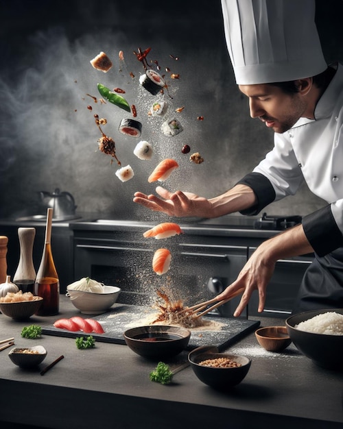 cuoco caucasico che prepara sushi volante umorismo illustrativo divertente in cucina