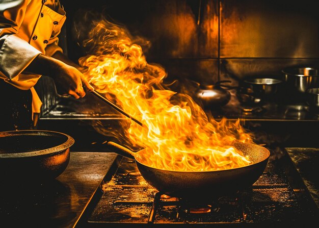 Cuoco che cucina con la fiamma in una padella su una stufa da cucina Cuoco in una cucina di ristorante alla stufa con padella