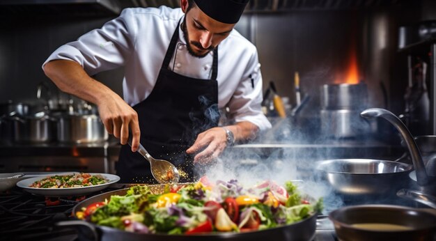 cuoco che prepara il cibo primo piano del cuoco che cucina la carne in cucina cuoco che cucina cibi deliziosi