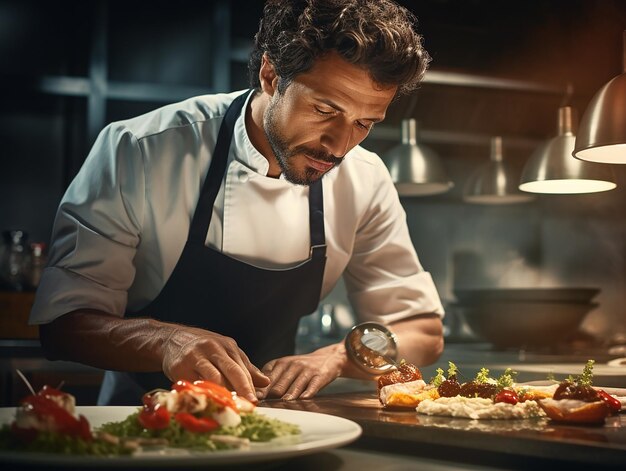 Cuoco concentrato che finisce il piatto con precisione in cucina