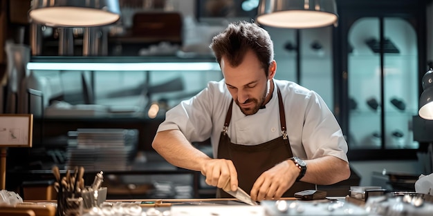 Cuoco concentrato che perfeziona l'arte culinaria in una cucina di ristorante moderno concentrazione e artigianato nella cottura cucina professionale AI