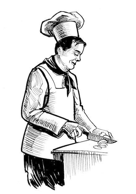 Cuoco di cucina. Disegno a inchiostro in bianco e nero