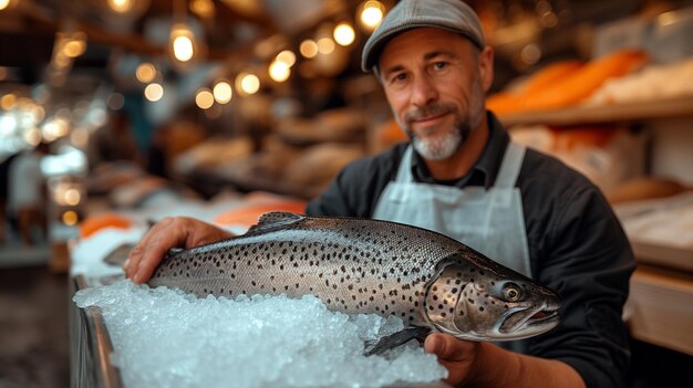 Cuoco esperto che gestisce un grande mercato di pesce trota macchiata concetto gastronomico di frutti di mare gourmet