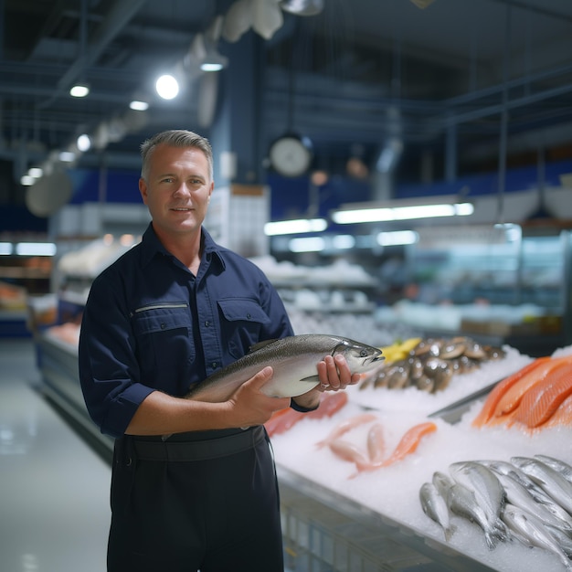 Cuoco esperto che gestisce un grande mercato di pesce trota macchiata concetto gastronomico di frutti di mare gourmet