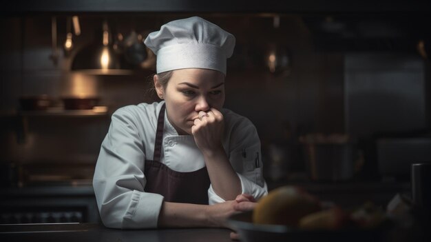 Cuoco femmina caucasica anni '50 che prepara il cibo in cucina Generative AI AIG22