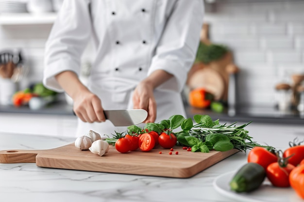 cuoco femminile irriconoscibile in uniforme da cuoco che taglia delle verdure su una tavola di legno