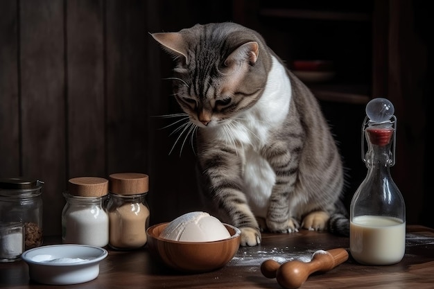 Cuoco gatto che sbatte le uova e condisce con sale e pepe per frittate delicate