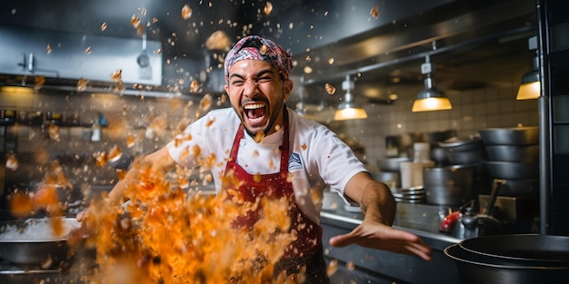 Cuoco gioioso in azione che lancia gli ingredienti in aria in una cucina professionale scena di cottura dinamica eccitazione culinaria ad alta energia perfetta per le promozioni dei ristoranti AI