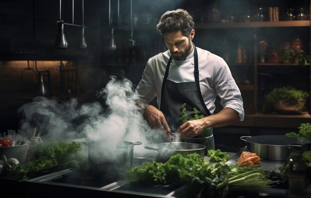 cuoco in cucina che prepara verdure