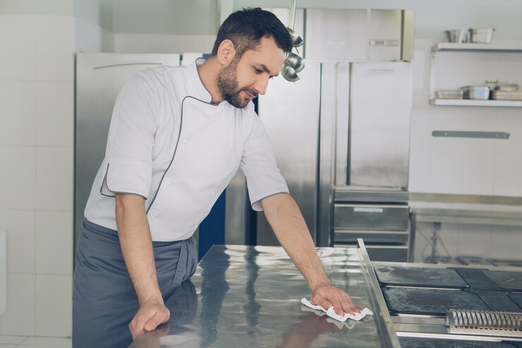 Cuoco maschio del ristorante giapponese che lavora nella pulizia della cucina kitchen