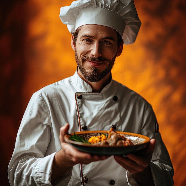 cuoco maschio sorridente che tiene un piatto con il cibo