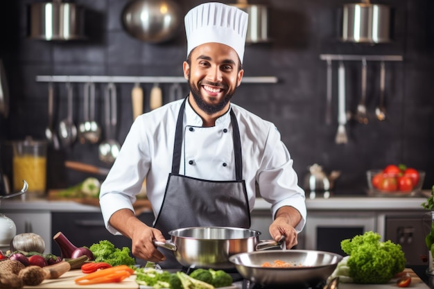Cuoco maschio sorridente in uniforme con utensili da cucina multitasking al lavoro.