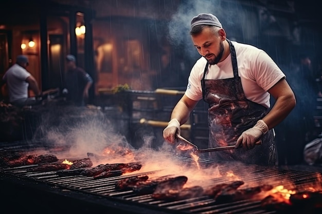 Cuoco nella sua cucina fumo griglie barbecue pollo offerte sulla griglia