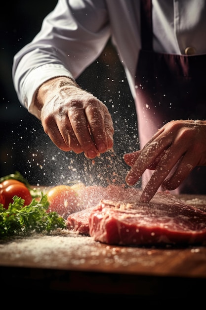 Cuoco professionista che prepara la carne nel concetto culinario della cucina