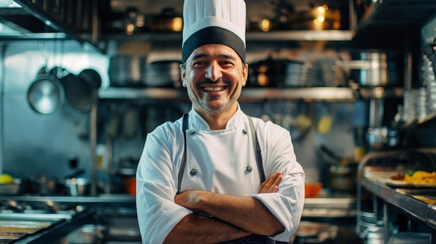 Cuoco sorridente nella cucina del ristorante Ritratto di cuoco in uniforme al lavoro in cucina