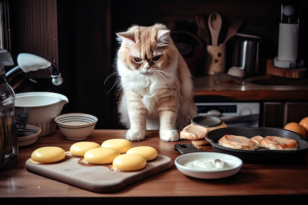 Cuoco unico del gatto che prepara la colazione a base di frittelle soffici, uova strapazzate e pancetta