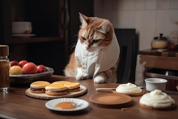 Cuoco unico del gatto che prepara la colazione a base di frittelle soffici, uova strapazzate e pancetta