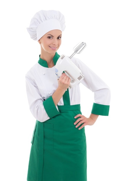 Cuoco unico della giovane donna attraente con il miscelatore isolato su fondo bianco