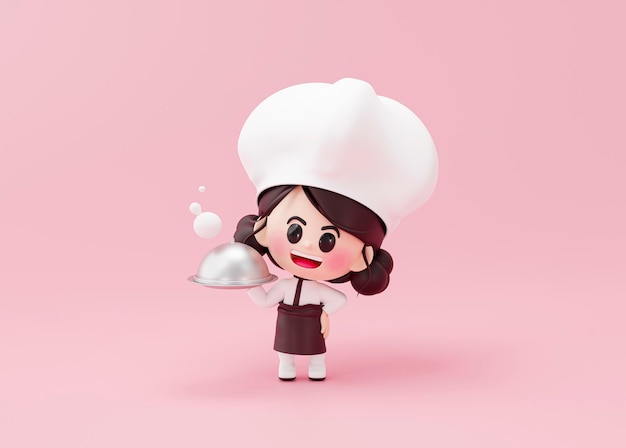 Cuoco unico della ragazza sveglia in uniforme che tiene un piatto o una mascotte del cuoco del ristorante della cloche su fondo rosa 3d rendering