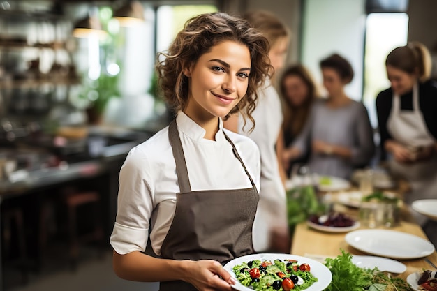 Cuoco unico femminile che insegna un corso di cucina che tiene un piatto preparato