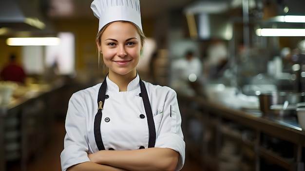 Cuoco unico femminile sorridente con le mani incrociate in cucina