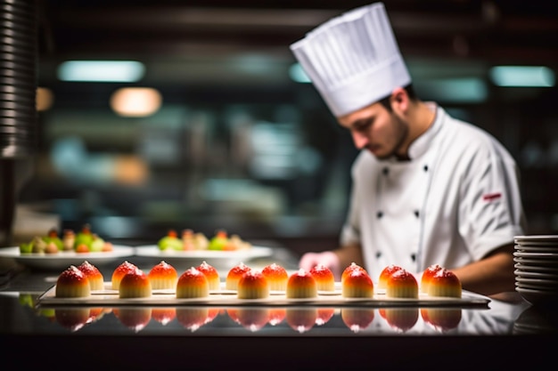 Cuoco unico maschio che cucina e rifinisce il dessert in un ristorante o in una cucina dell'hotel