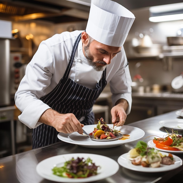 Cuoco unico maschio che placca il cibo nel piatto mentre lavora nella cucina commerciale