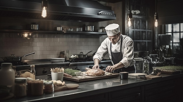 Cuoco unico maschio che prepara il cibo in cucina IA generativa