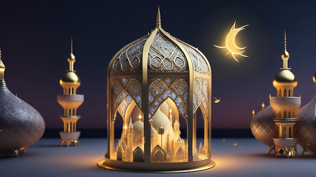 Cuore 3D del Ramadan Kareem Eid Mubarak lampada reale elegante con moschea porta santa con fuochi d'artificio