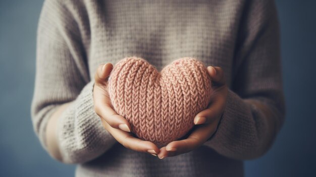 Cuore a maglia che tiene in mano una donna a stretta vista Simbolo d'amore Buon Valentino