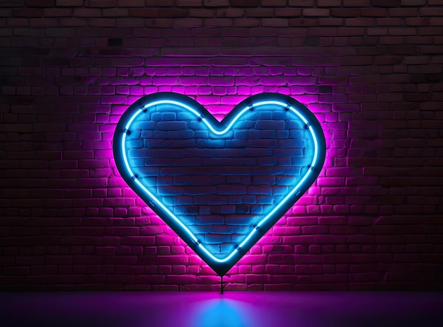 Cuore al neon con un bagliore sullo sfondo di un muro di mattoni scuri Insegna al neon rosa e blu Creato con G