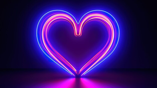 Cuore al neon luminoso su uno striscione viola luccicante