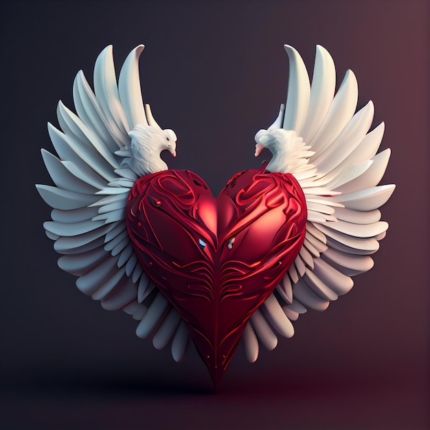 Cuore alato cuore rosso con ali bianche amore san valentino concetto 3d rendering illustrazione
