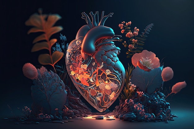 Cuore anatomico con fiori concetto di amore IA generativa