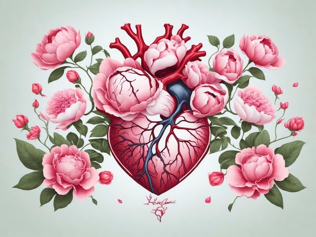 Cuore anatomico con fiori di peonia illustrazione vettoriale