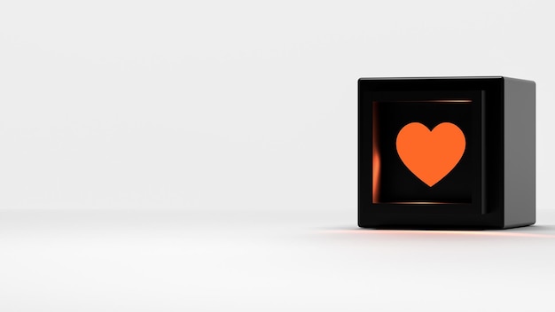 Cuore arancione in cubo o quadrato con spazio per la copia su sfondo bianco Relazione d'amore che cade nell'amore felicità banner Rendering 3D