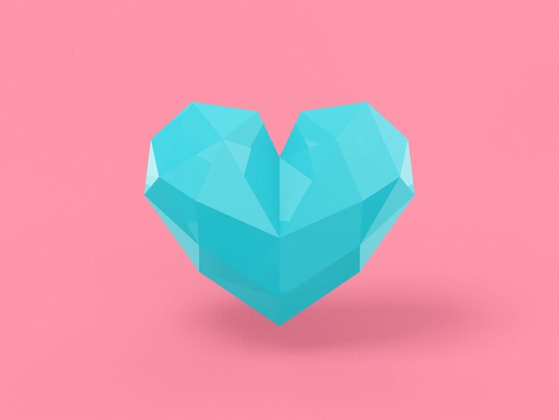 Cuore basso poli blu mono colore su sfondo rosa solido. Oggetto di design minimalista. Elemento dell'interfaccia ui ux dell'icona di rendering 3d.