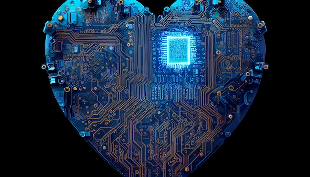 Cuore blu a forma di circuito stampato del computer IA generativa