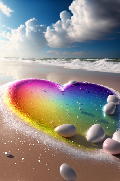 Cuore colorato arcobaleno seduto in cima a una spiaggia di sabbia ai generativa