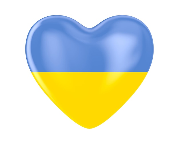 Cuore con bandiera ucraina su sfondo bianco Illustrazione 3D isolata