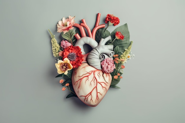 Cuore con organo umano e fiori su sfondo grigio Concetto di cuore sano Cuore umano con fiori concetto di amore ed emozione AI Generated