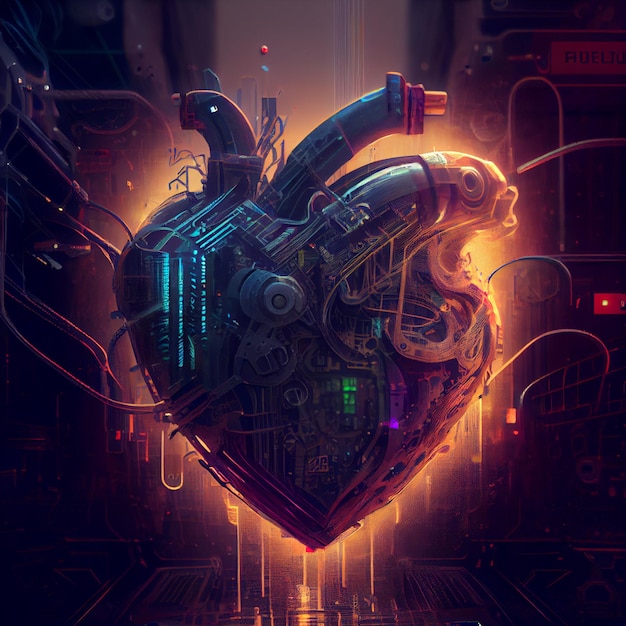 Cuore cyberpunk con luci al neon cuore futuristico amore illustrazione di rendering 3d