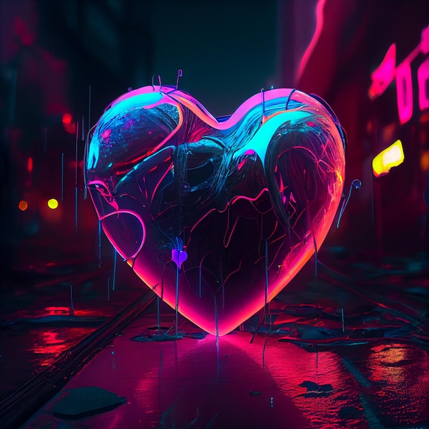 Cuore cyberpunk con luci al neon cuore futuristico amore illustrazione di rendering 3d