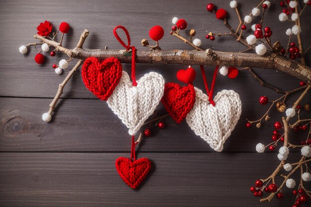 Cuore d'amore a maglia rossa su un ramoscello di albero sfondo della carta di San Valentino per la celebrazione di Natale