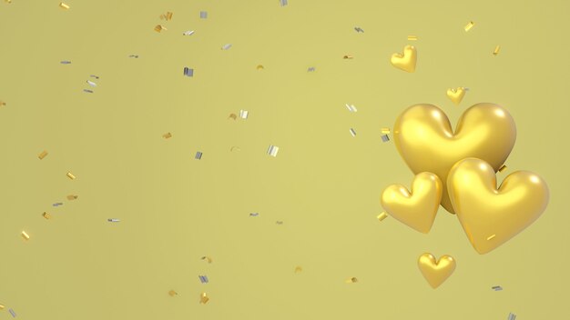 Cuore d'oro che galleggia sullo sfondo oro decorato con coriandoli intorno. Illustrazione 3D. Rendering 3D