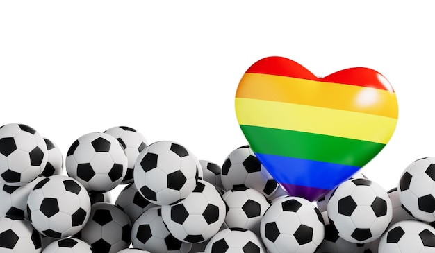 Cuore della bandiera dell'orgoglio gay con uno sfondo di pallone da calcio Banner di calcio Rendering 3D