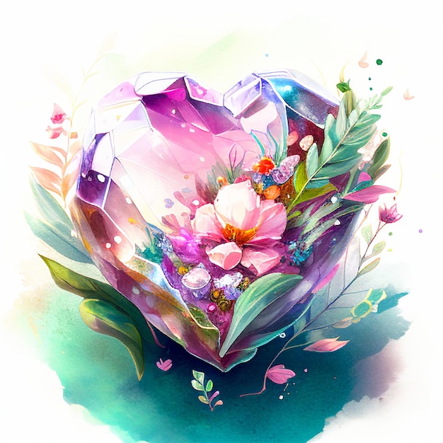 Cuore di cristallo con fiori illustrazione acquerello galss a forma di cuore con bouquet all'interno disegnato a mano a